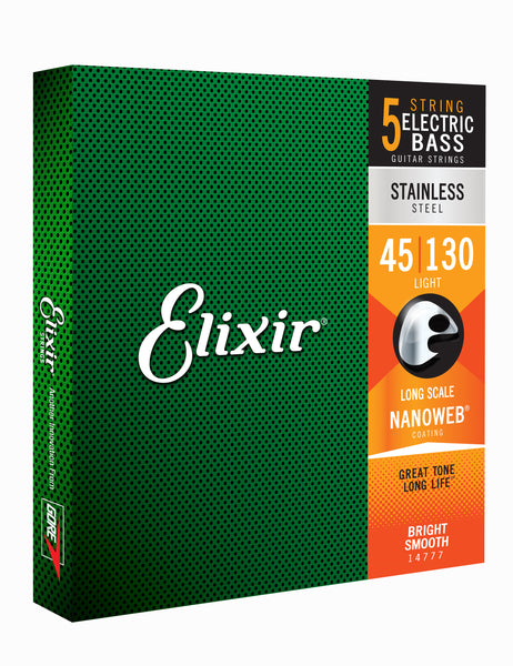 Elixir 14777 Stainless Steel (5 String) Bass Strings with NANOWEB. Long Scale Light 45-130