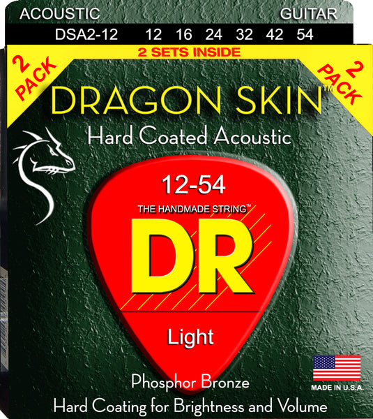 DR Strings DSA-2/12 Dragon Skin Clear Coated Acoustic Guitar Strings. 12-54 (2-Pack)
