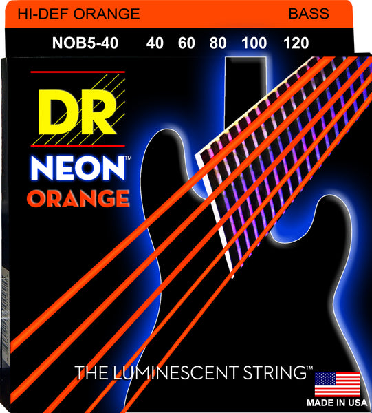 DR Strings NOB5-40 Hi-Def Neon Bass Strings (5 String). Orange 40-120
