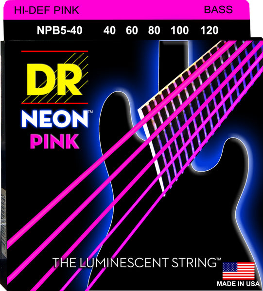 DR Strings NPB5-40 Hi-Def Neon Bass Strings (5 String). Pink 40-120