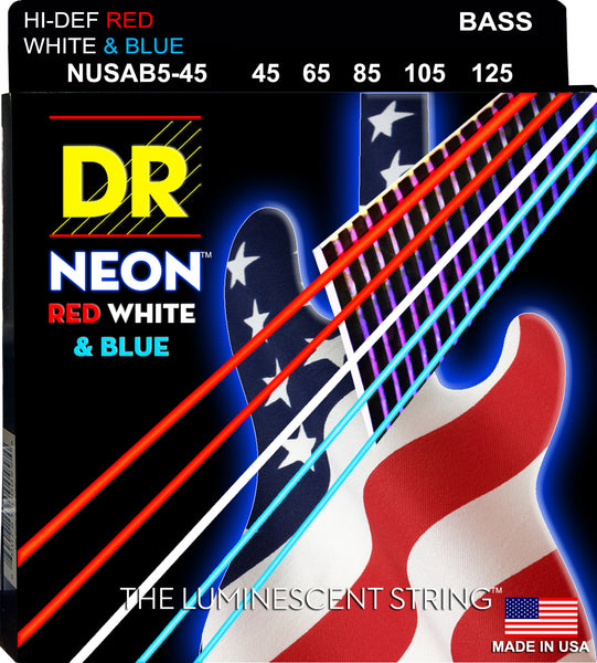 DR Strings NUSAB5-45 Hi-Def Neon Bass Strings (5 String). Red White and Blue 45-125