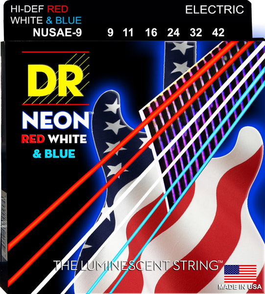 DR Strings NUSAE-9 Hi-Def Neon Electric Guitar Strings. Red White and Blue 9-42